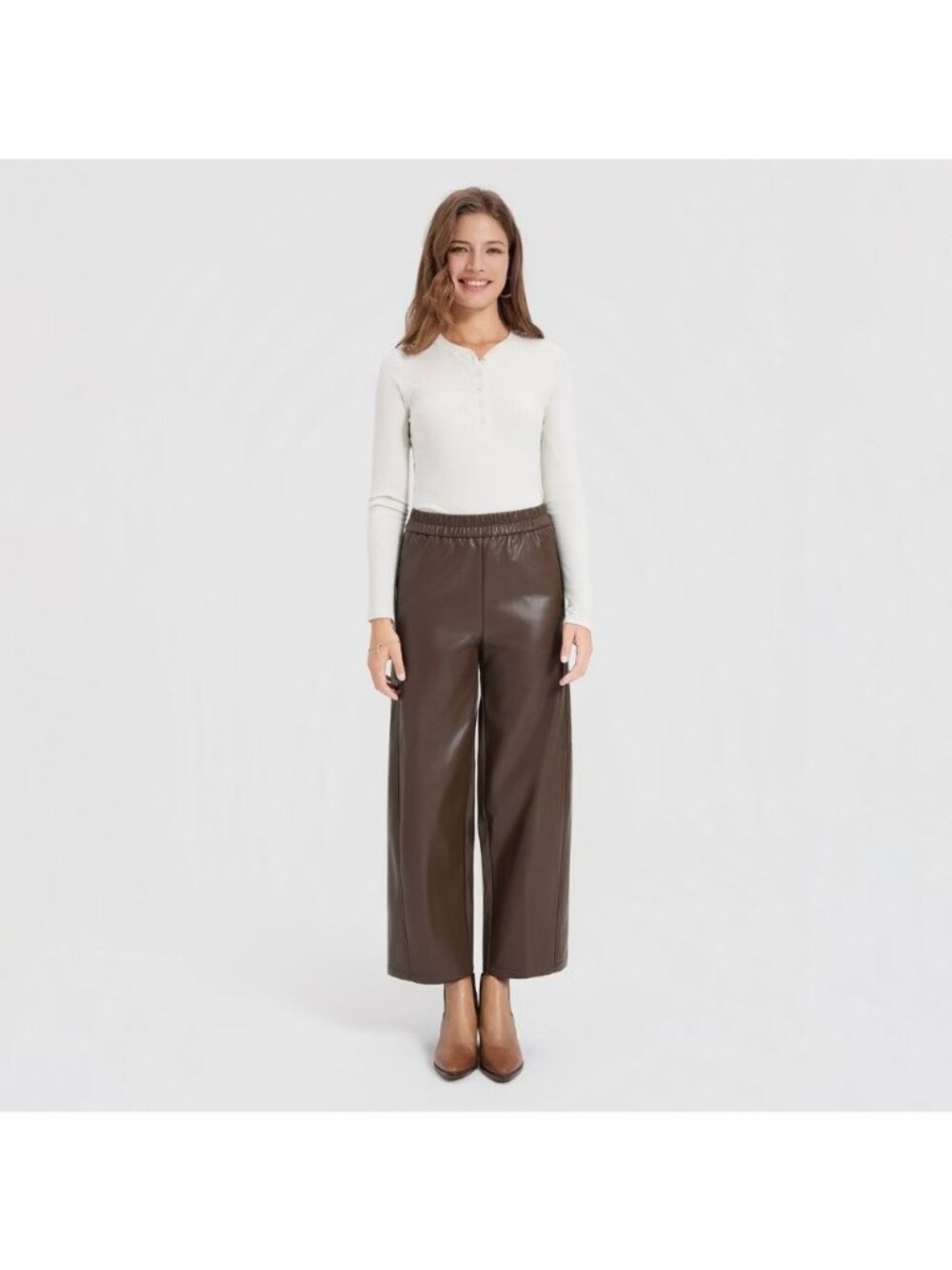 A New Day Brown Faux Leather Pants Pull on Ankle Length Barrel Leg -- Size Small - Picture 3 of 6